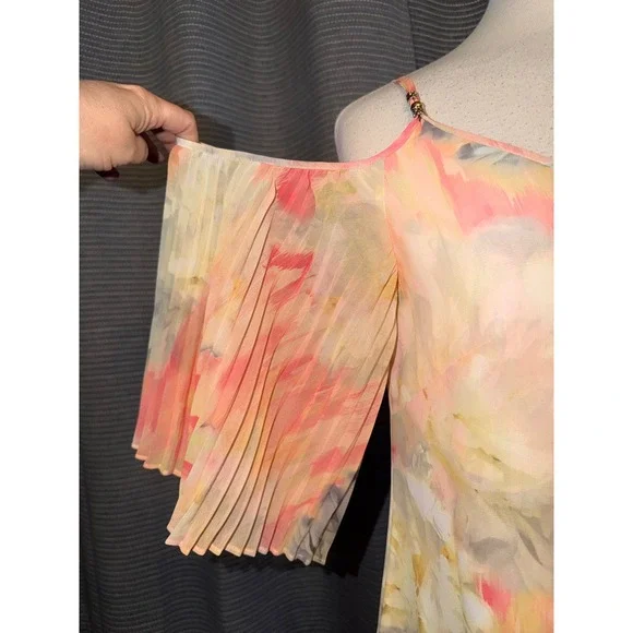 White House Black Market Floral Cold Shoulder Sleeve Dress Pink Yellow 4 H1 - Picture 4 of 10